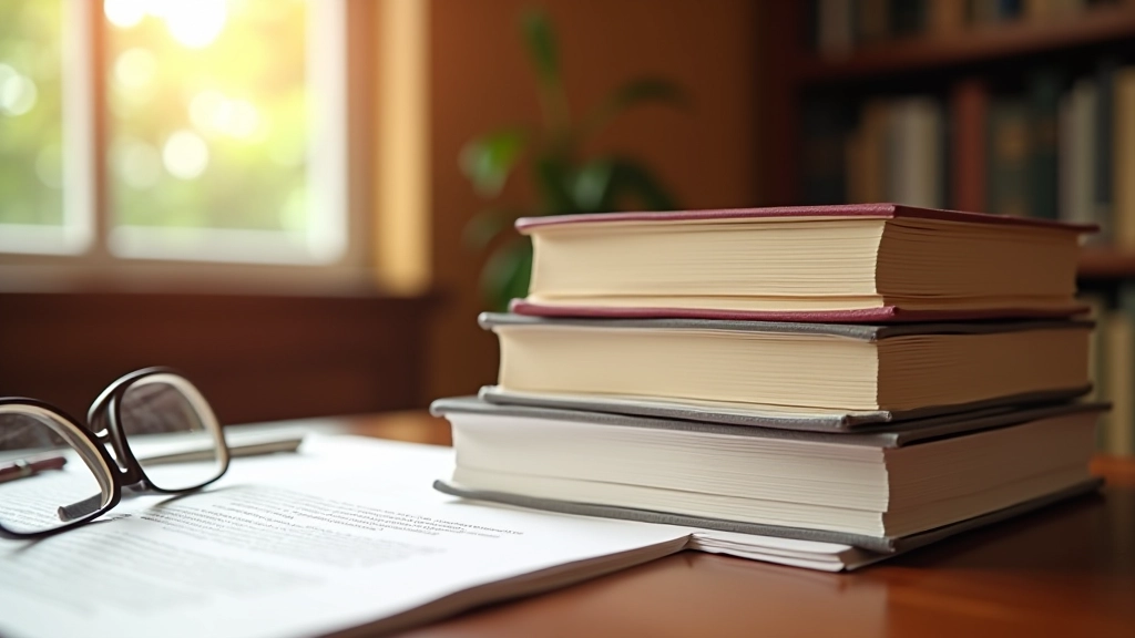 Legal documents and Islamic law books on a wooden desk with morning sunlight